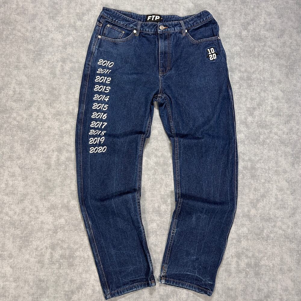 FTP 10 Year Anniversary 2010-2020 embroidered tapered leg indigo jeans mens 32